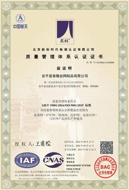 Porcellana Anping Tailong Wire Mesh Products Co., Ltd. Certificazioni